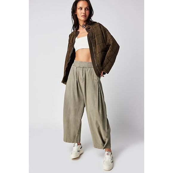 Free People Cool Harbor Wide Leg Elastic Waist  Pants Green Serpent XS NEW $128 - Picture 1 of 12